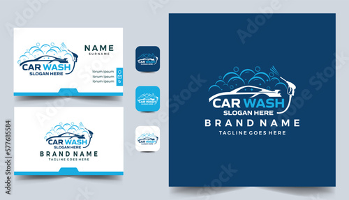 Car wash and Detailing vector logo template illustration with business card design 