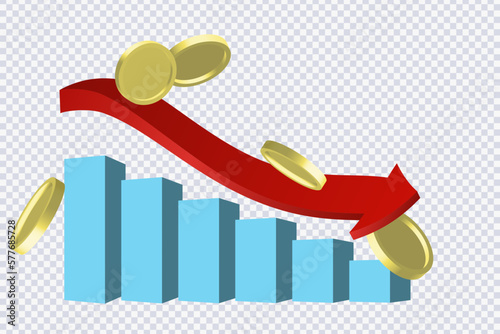 Economic crisis concept. Global economic downfall, arrow down, market crash. Graphs and slumping stock markets show global economic crisis in 2023. Effects of inflation, war, epidemics. 3d vector