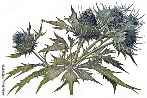 Image of eryngium bourgatii, or Mediterranean sea holly, up close and personal. Generative AI photo
