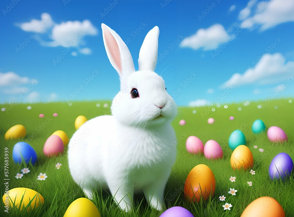 Fototapeta premium White rabbit sitting in green grass with colorful Easter eggs on green trees and blue sky background, Generative AI