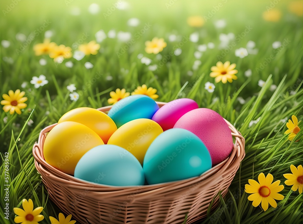 many colorful Easter eggs in basket staying in green grass with flowers and blue sky background, Generative AI