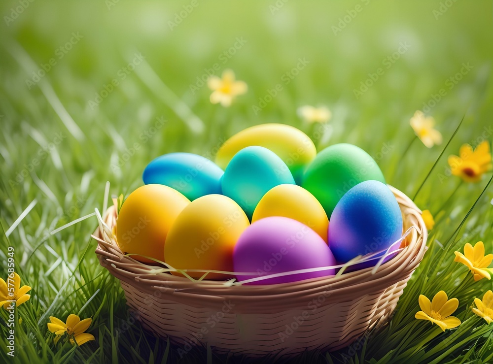 many colorful Easter eggs in basket staying in green grass with flowers and blue sky background, Generative AI many colorful Easter eggs in basket staying in green grass with flowers and blue sky background, Generative AI