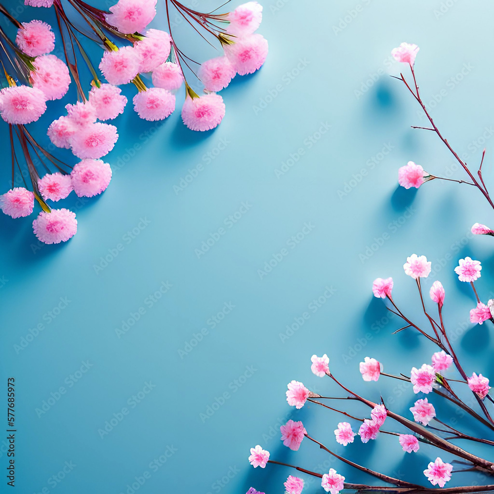 tree blossom branches on blue background with copy space, Generative AI, top view