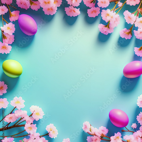 colorful Easter eggs with tree blossom branches on blue background, Generative AI