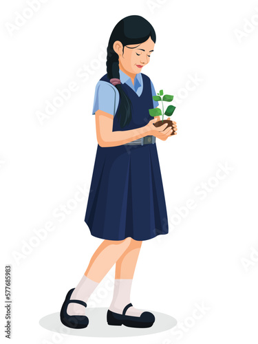 Indian School girl holding a plant, Vector graphic illustration. Indian school