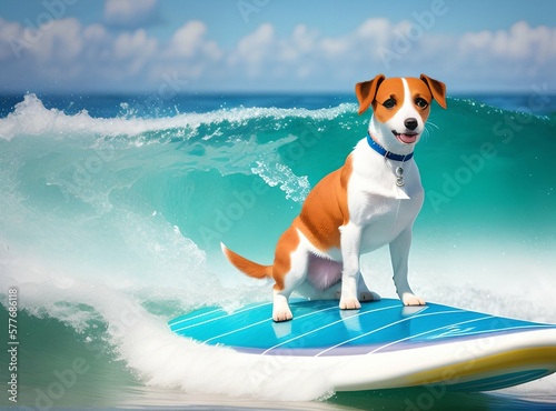 White and brown dog surfing on a surfboard wearing sunglasses on the sea with big waves in sunny day, Generative AI, © lesslemon