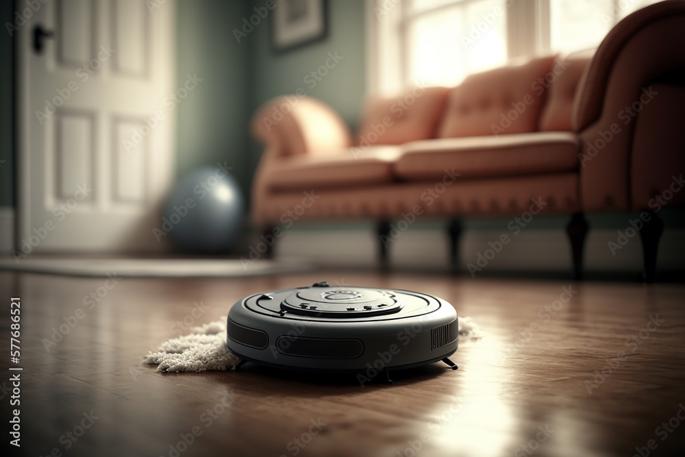 Robots vacuums cleaners on carpet in living room for cleaning pet hair and dust. Generative AI Robots vacuums cleaners on carpet in living room for cleaning pet hair and dust. Generative AI