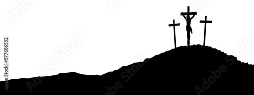 Good friday Easter background panorama vector illustration - Black silhouette of Crucifixion of Jesus Christ in Golgota / Golgotha jerusalem israel, with three crucefix crosses on rock