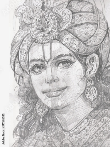 Lord Shri Krishna Face pencil sketch. Happy Janmashtami, vector illustration