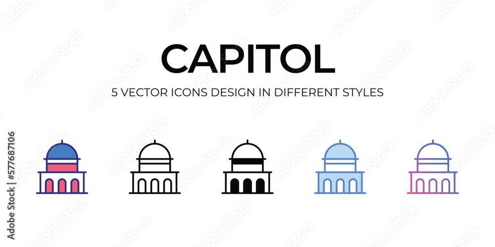 capitol Icon Design in Five style with Editable Stroke. Line, Solid, Flat Line, Duo Tone Color, and Color Gradient Line. Suitable for Web Page, Mobile App, UI, UX and GUI design.