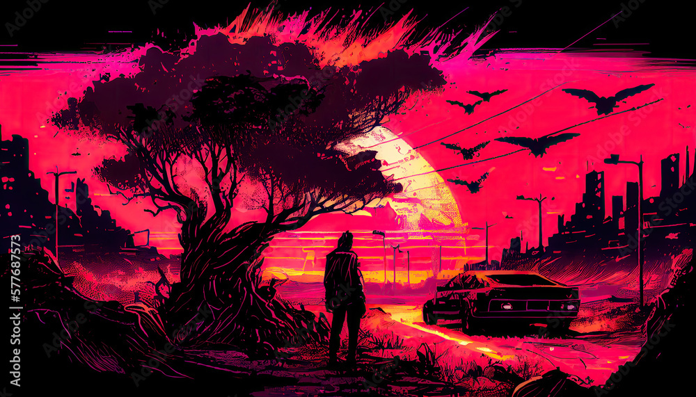 cyberpunk fallout sunset landscape - By Generative AI