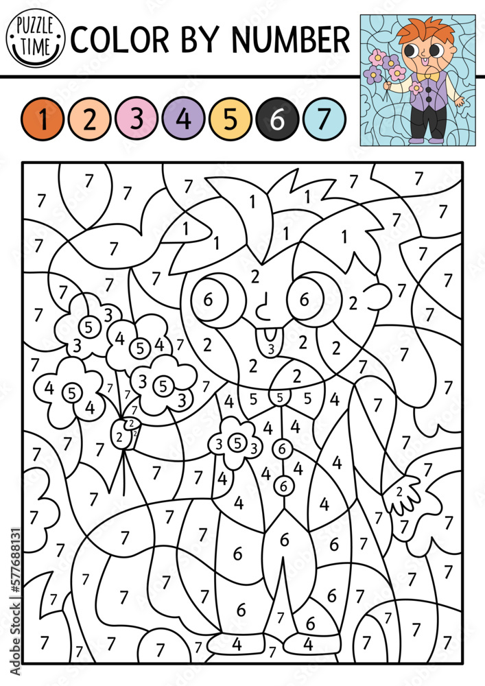Vector color by number activity with cute boy in smart suit with flowers. Marriage ceremony scene. Black and white counting game or coloring page with little wedding guest for kids.