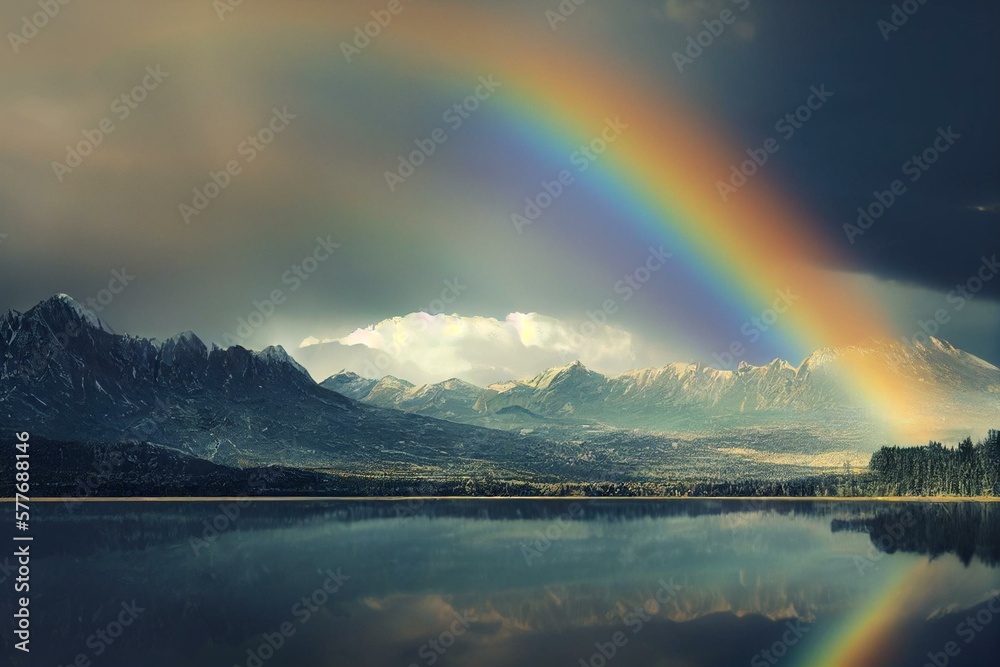 illustration of rainbow over the lake and mountains with white cloud ...