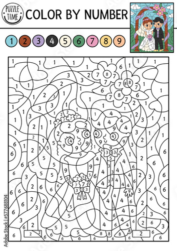 Vector wedding color by number activity with cute just married couple. Marriage ceremony scene. Black and white counting game or coloring page with funny bride and groom for kids.