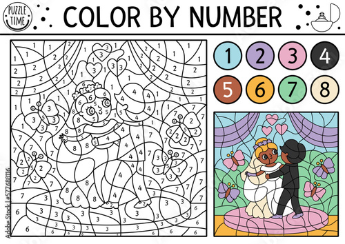 Vector wedding color by number activity with cute just married couple dancing first dance. Marriage ceremony black and white counting game, coloring page with bride and groom for kids.