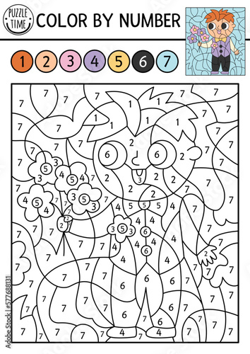 Vector color by number activity with cute boy in smart suit with flowers. Marriage ceremony scene. Black and white counting game or coloring page with little wedding guest for kids.