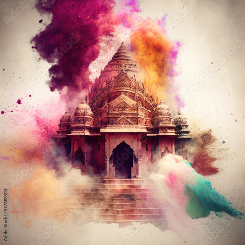 Hindu Temple with Holi Colored Powder 