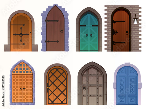 Cartoon set of medieval castle doors on white. Vector cartoon set of entrance in vintage house, castle or temple. Colored ancient doors from wood planks isolated