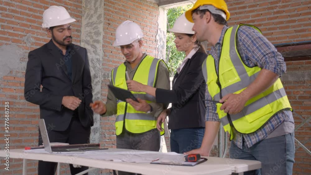 Team architect or engineer man and woman meeting for planning and strategy of development real estate at construction site, contractor and partner talking and looking blueprint, industrial concept. Team architect or engineer man and woman meeting for planning and strategy of development real estate at construction site, contractor and partner talking and looking blueprint, industrial concept.
