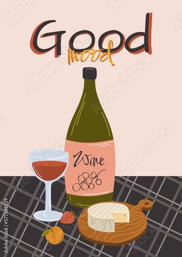 Summer or spring picnic poster or invitation card with tasty food and leisure things. Editable vector illustration isolated on white.
