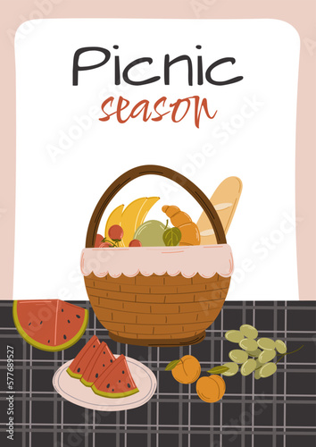 Summer or spring picnic poster or invitation card with tasty food and leisure things. Editable vector illustration isolated on white.
