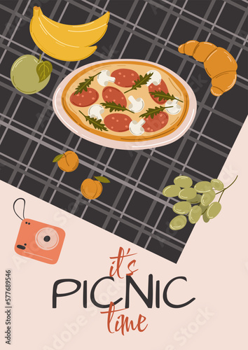 Summer or spring picnic poster or invitation card with tasty food and leisure things. Editable vector illustration isolated on white.
