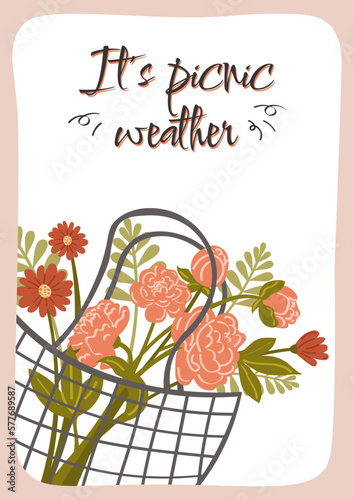 Summer or spring picnic poster or invitation card with tasty food and leisure things. Editable vector illustration isolated on white.
