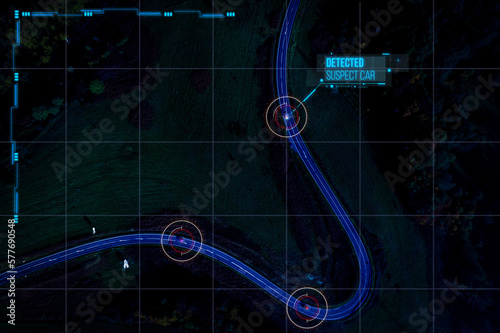 Aerial surveillance concept - suspects cars location tracked by an AI aerial location surveillance system.	