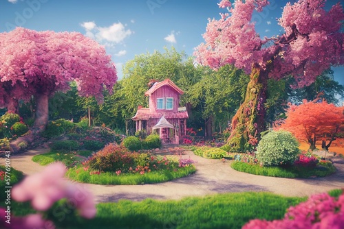 Leinwand Poster Cute Imagination a garden with a house and a big tree