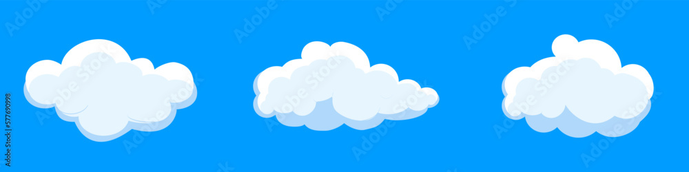 White cartoon clouds set isolated on blue background. Collection of different clouds for background template, wallpaper and fluffy sky design. Flat clouds concept. 3D clouds vector illustration White cartoon clouds set isolated on blue background. Collection of different clouds for background template, wallpaper and fluffy sky design. Flat clouds concept. 3D clouds vector illustration