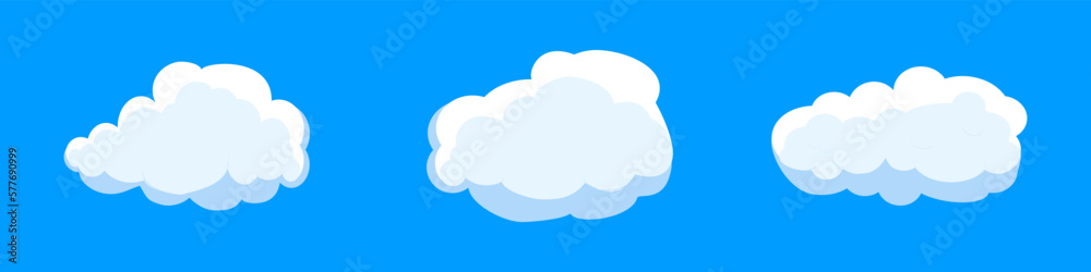 White cartoon clouds set isolated on blue background. Collection of different clouds for background template, wallpaper and fluffy sky design. Flat clouds concept. 3D clouds vector illustration