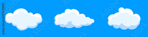 White cartoon clouds set isolated on blue background. Collection of different clouds for background template, wallpaper and fluffy sky design. Flat clouds concept. 3D clouds vector illustration