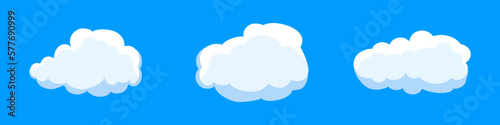 White cartoon clouds set isolated on blue background. Collection of different clouds for background template, wallpaper and fluffy sky design. Flat clouds concept. 3D clouds vector illustration