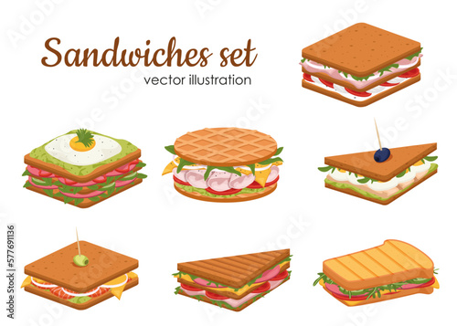 Set of delicious juicy sandwiches filled with vegetables, cheese, meat, bacon. Crispy toast, croissant and bun sandwiches vector set. Tasty snack for lunch or breakfast with fresh ingredients