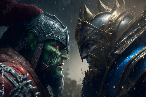 Battle of orcs and paladins, the world of warcraft. A man and an orc face to face, the confrontation of the warriors. Orcs and men in armor photo