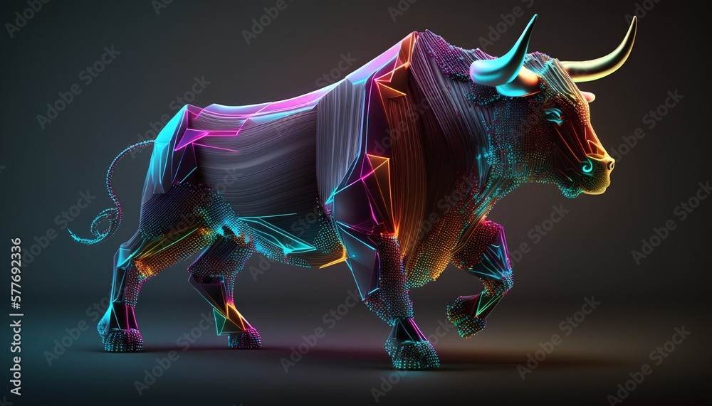 A futuristic bull market concept portrayed through a stylized neon bull ...
