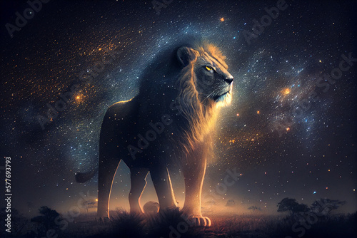 Silhouette of a lion from the fog and stars in the night sky. AI generated