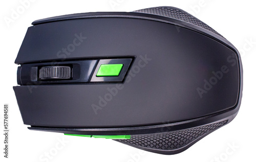 Black wireless mouse on a transparent background. Gamer mouse png. Top view.