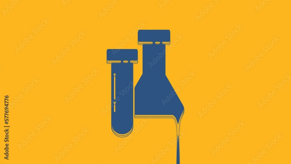 Blue Test tube and flask chemical laboratory test icon isolated on orange background. Laboratory glassware sign. 4K Video motion graphic animation Blue Test tube and flask chemical laboratory test icon isolated on orange background. Laboratory glassware sign. 4K Video motion graphic animation