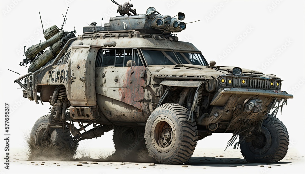 Post apocalypse military cat, tank, transport with weapon, wasteland armored off road machine Post apocalypse military cat, tank, transport with weapon, wasteland armored off road machine