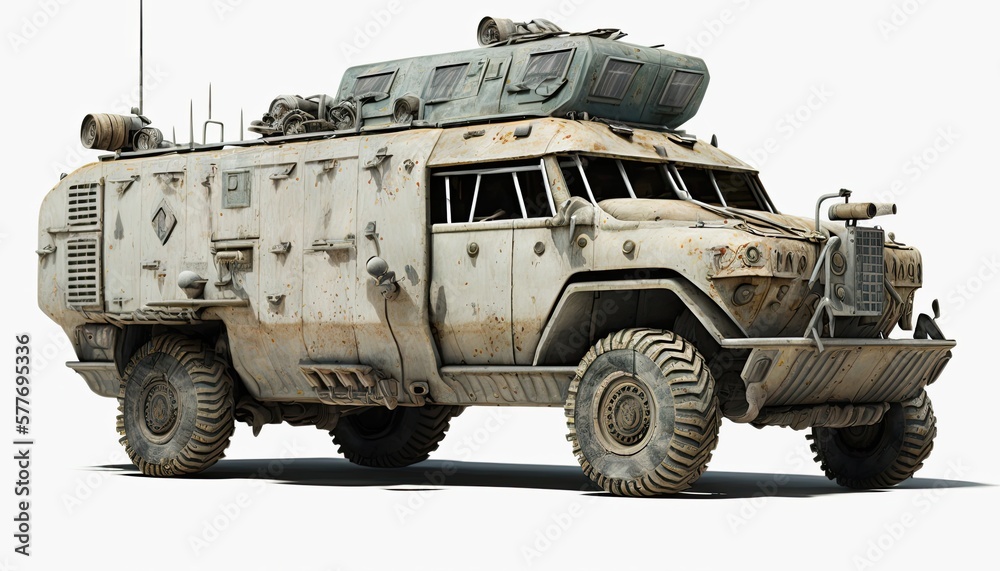 Post apocalypse military cat, tank, transport with weapon, wasteland armored off road machine