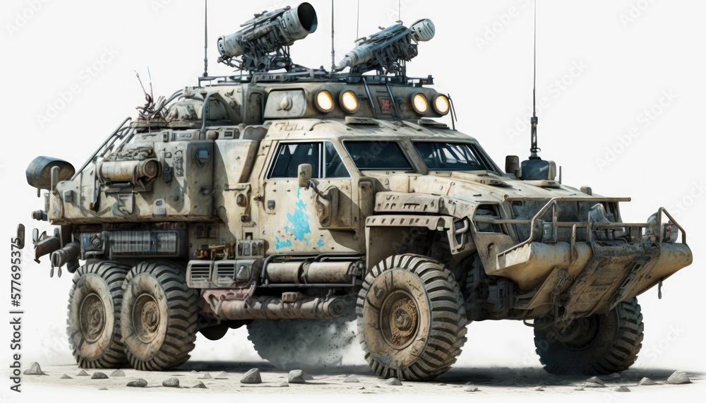 Post apocalypse military cat, tank, transport with weapon, wasteland armored off road machine Post apocalypse military cat, tank, transport with weapon, wasteland armored off road machine