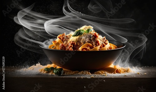  a bowl of pasta with smoke coming out of the top. generative ai