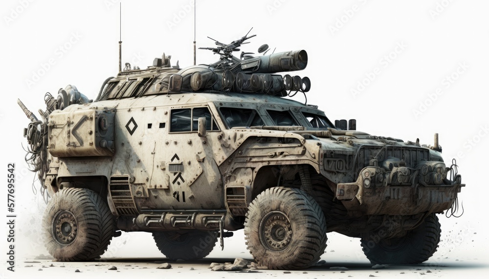 Post apocalypse military cat, tank, transport with weapon, wasteland armored off road machine