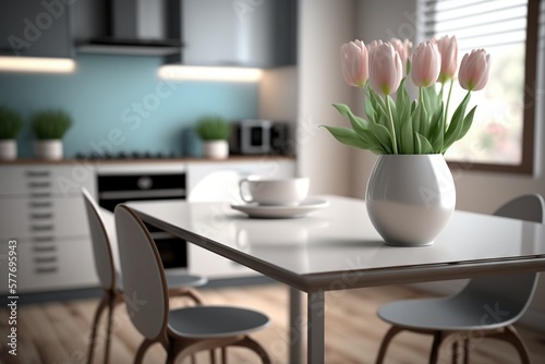 Minimalistic kitchen interior design with pink tulips in vase and pleasant color accents.	 #577695943