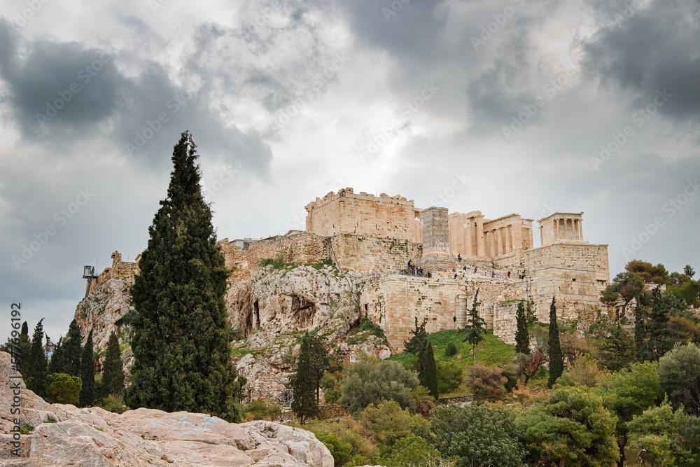 The Acropolis with Pantheon in cloudy winter day, without people