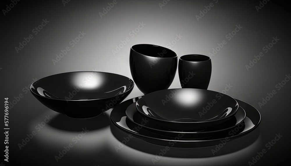 a black table setting with a bowl, plate, and cups. generative ai a black table setting with a bowl, plate, and cups. generative ai