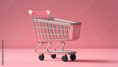  a pink shopping cart on a pink surface with a pink background. generative ai