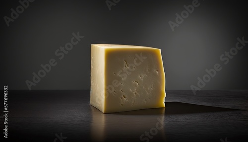 a piece of cheese sitting on top of a table next to a knife.  generative ai