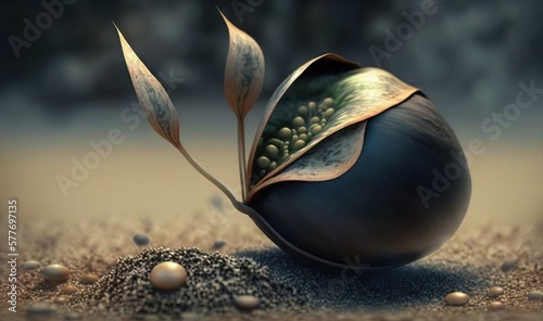  a flower that is sitting in the sand with a leaf on top of it.  generative ai
